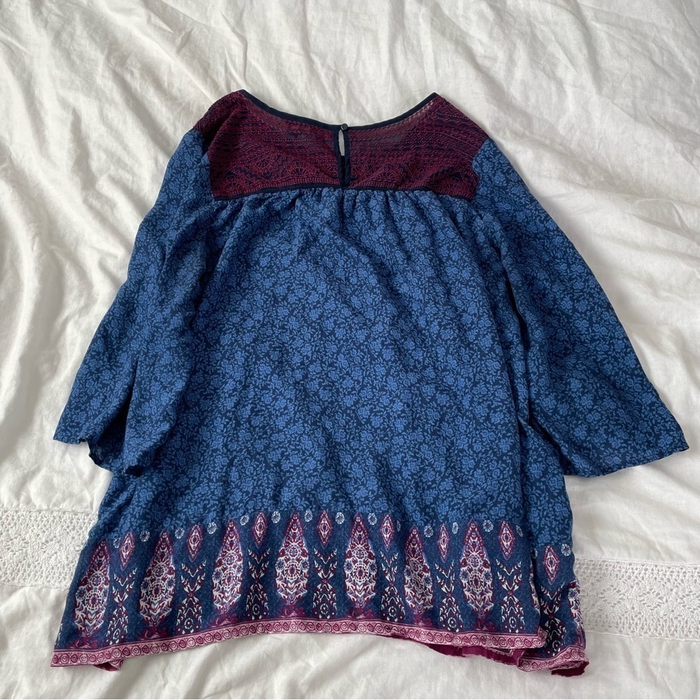 Lucky Brand 2X Border Print Peasant Top Lace Blue Swing - Picture 8 of 9